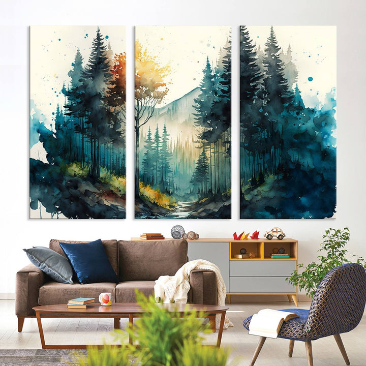 The Watercolor Trees Forest Abstract canvas print is displayed prominently.