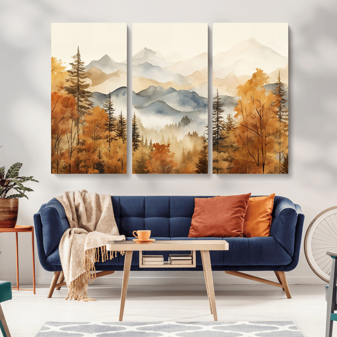 MGV-CV-48X32-3P - Golden Autumn Forest Wall Art | Mountain Landscape Canvas Print for Living Room or Bedroom | Large Wall Decor with Nature-Inspired Design