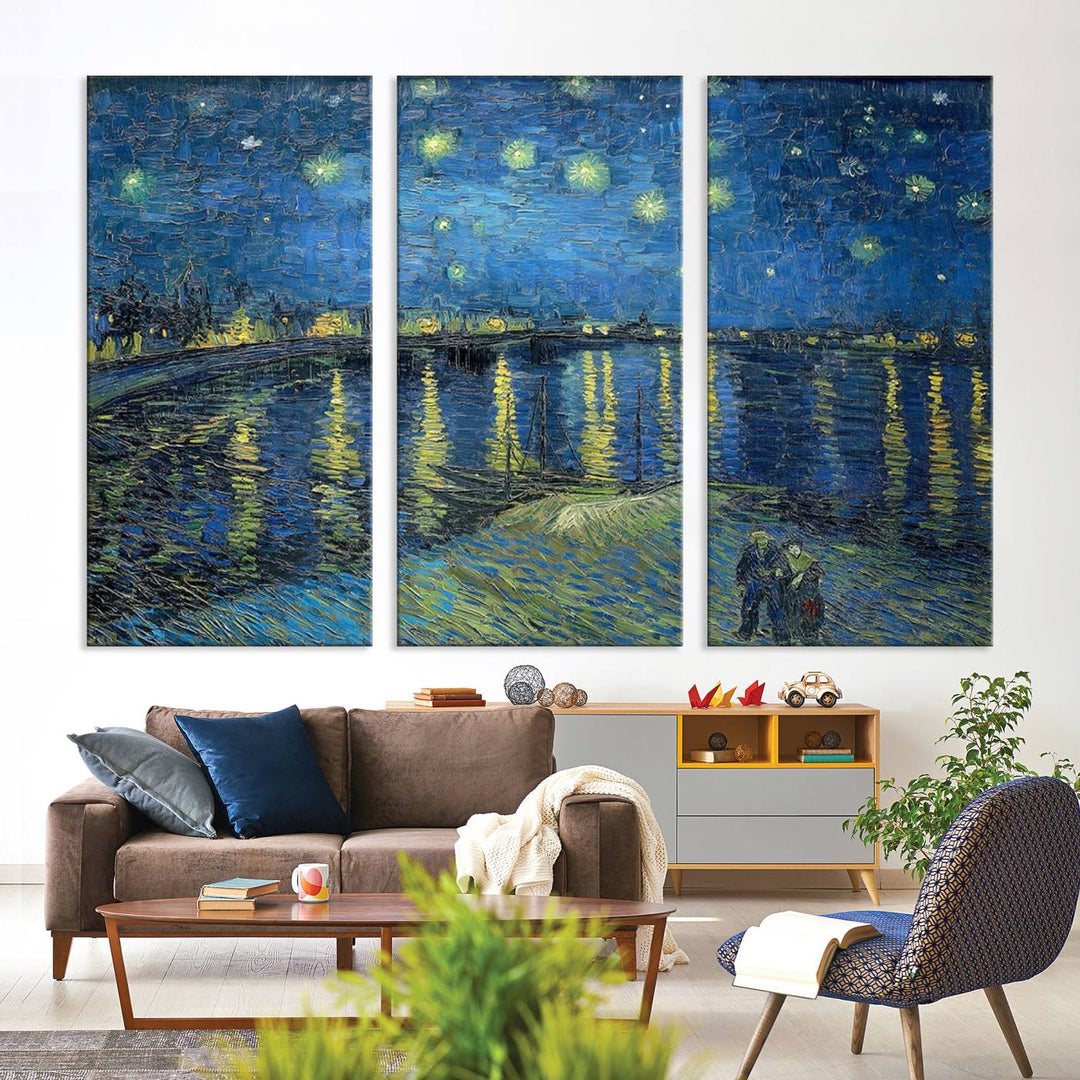 A Vincent van Gogh Starry Night over the Rhone canvas print is displayed on a porch.