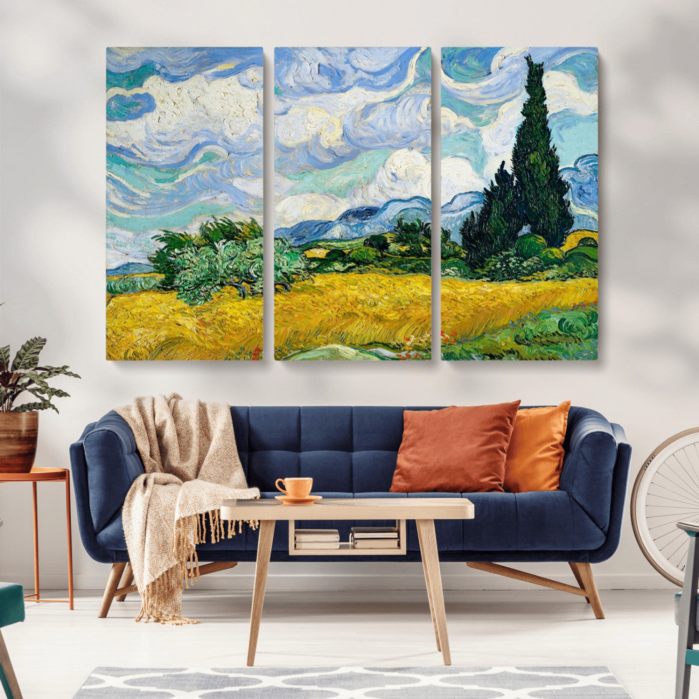 MGV-CV-48X32-3P - Wheatfield With Cypresses By Van Gogh Painting Wall Art Canvas Print