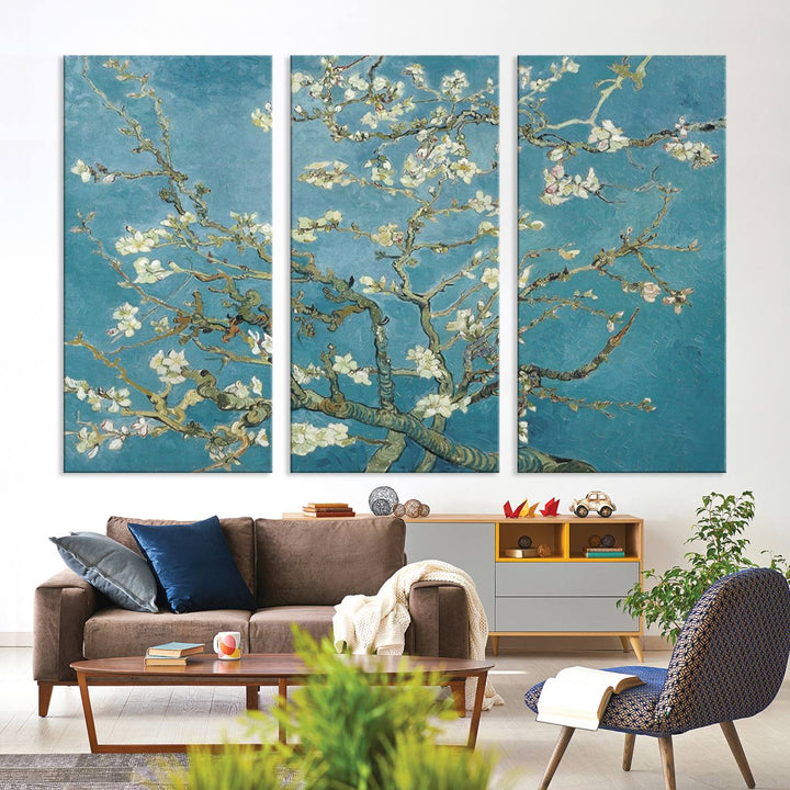 The wall art, Vincent Van Goghs Almond Blossom, stands out with its vibrant depiction against a serene blue background.