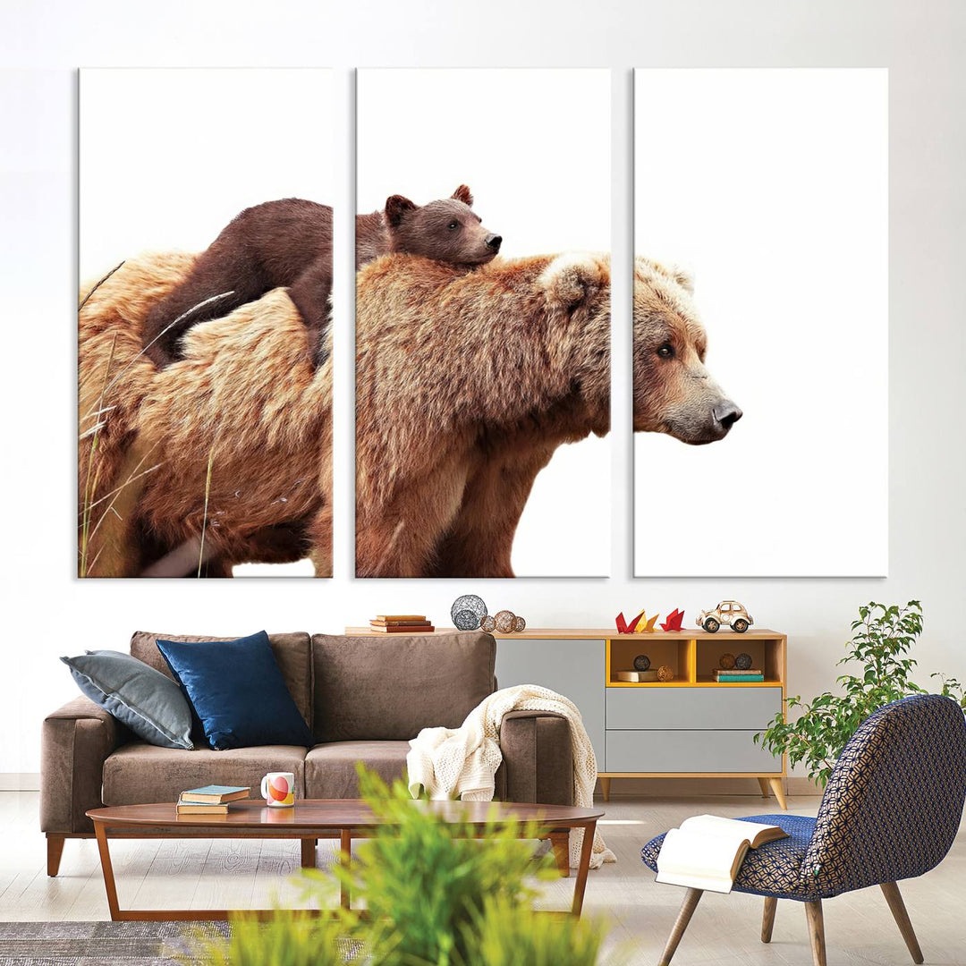 Mother and Baby Bear canvas: an adorable wildlife print displayed on a dark green wall.