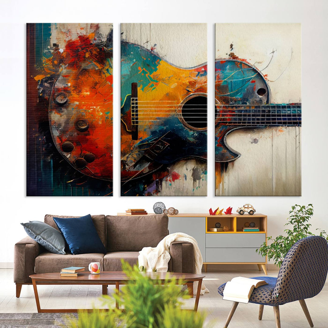 A vibrant guitar wall art canvas is mounted on the wall.