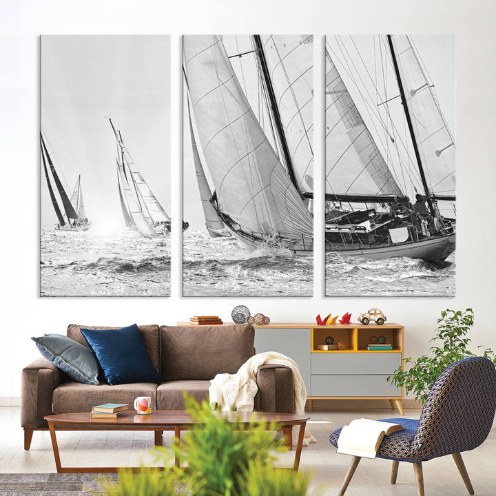 Yacht Sailboat Regatta canvas print on a textured wooden wall.