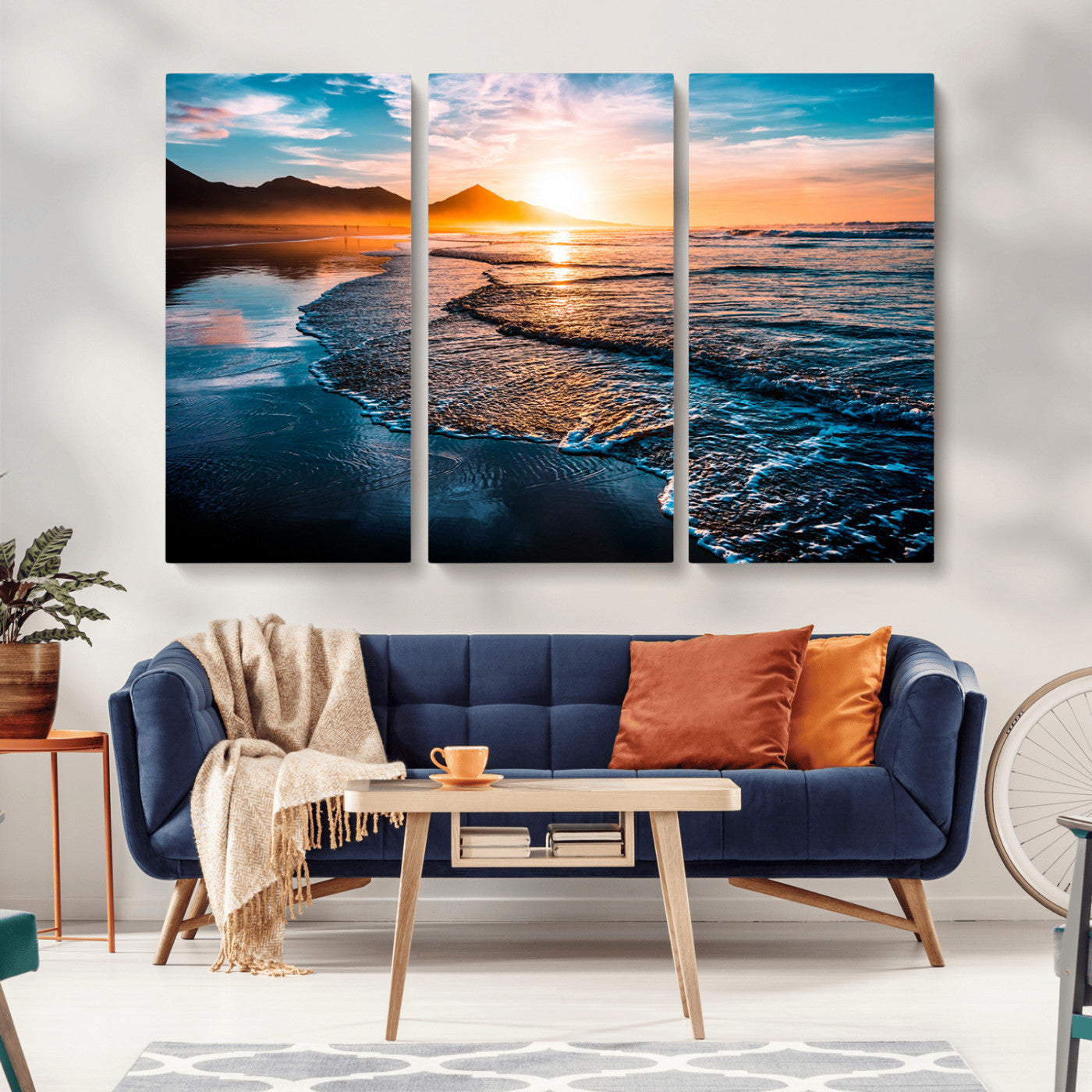 MGV-CV-48X32-3P - Beach Ocean Sunset on the Sea Wall Art Canvas, Beach Ocean Sunset Canvas Print