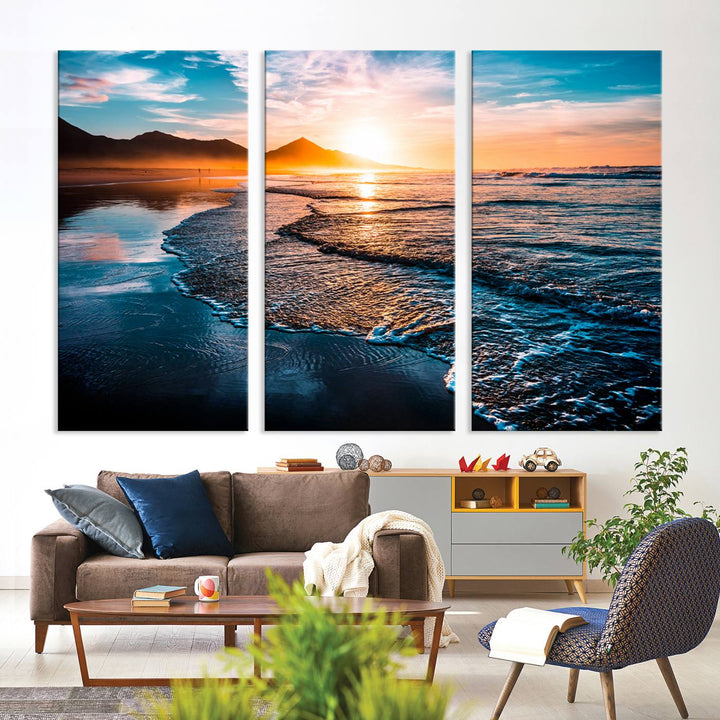 The Sunset Beach Ocean Canvas Wall Art – Tranquil Reflections at Dusk enhances the ambiance with its captivating depiction of serene ocean views at dusk.