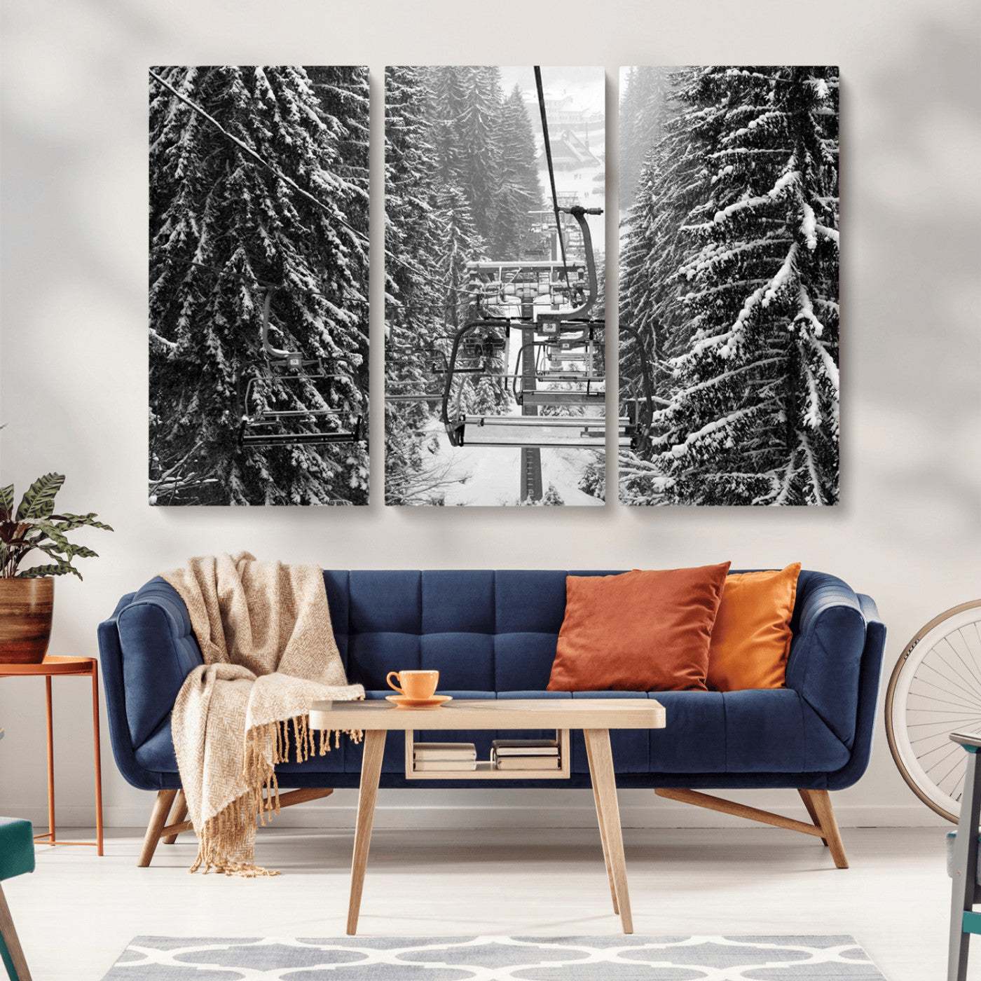 MGV-CV-48X32-3P - Winter Ski Lift Black and White Canvas Wall Art – Alpine Escape in Minimalist Style – Ready to Hang