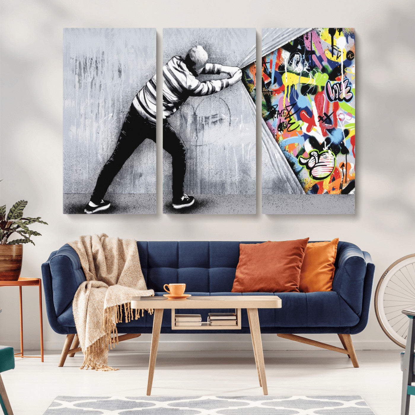 MGV-CV-48X32-3P - Banksy Art Behind the Curtain Street Wall Art Canvas Print | 3-Panel Urban Graffiti-Inspired Wall Art for Living Room or Office