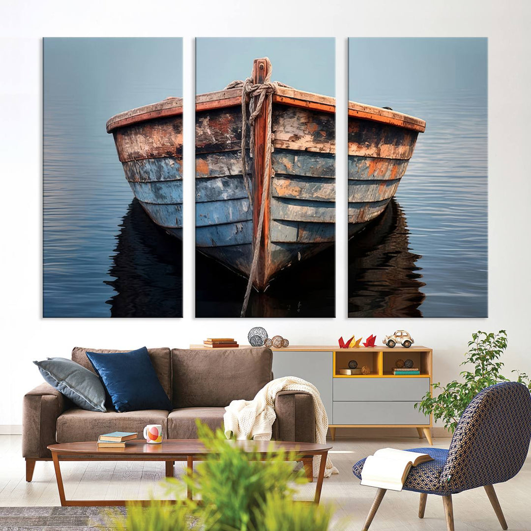 Stunning vintage boat canvas print featuring a calm water scene.