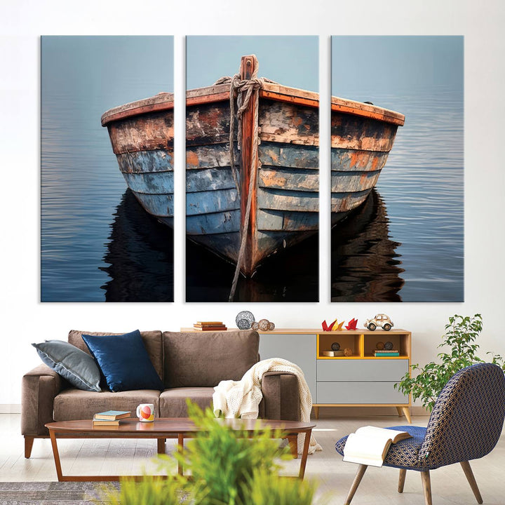 Stunning vintage boat canvas print featuring a calm water scene.