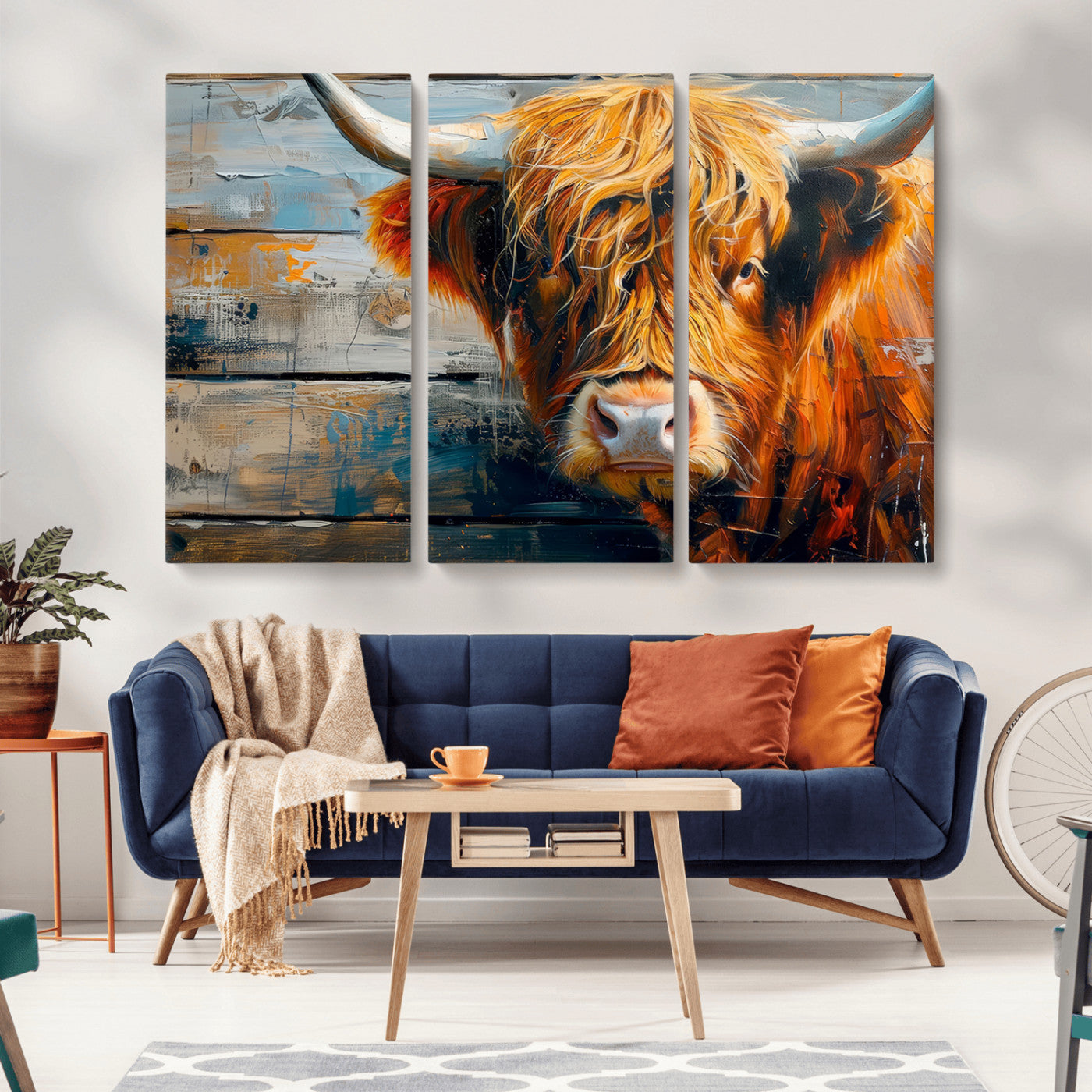 -Highland Cow Abstract Canvas Wall Art – Bold Farmhouse Rustic Decor – Ready to Hang