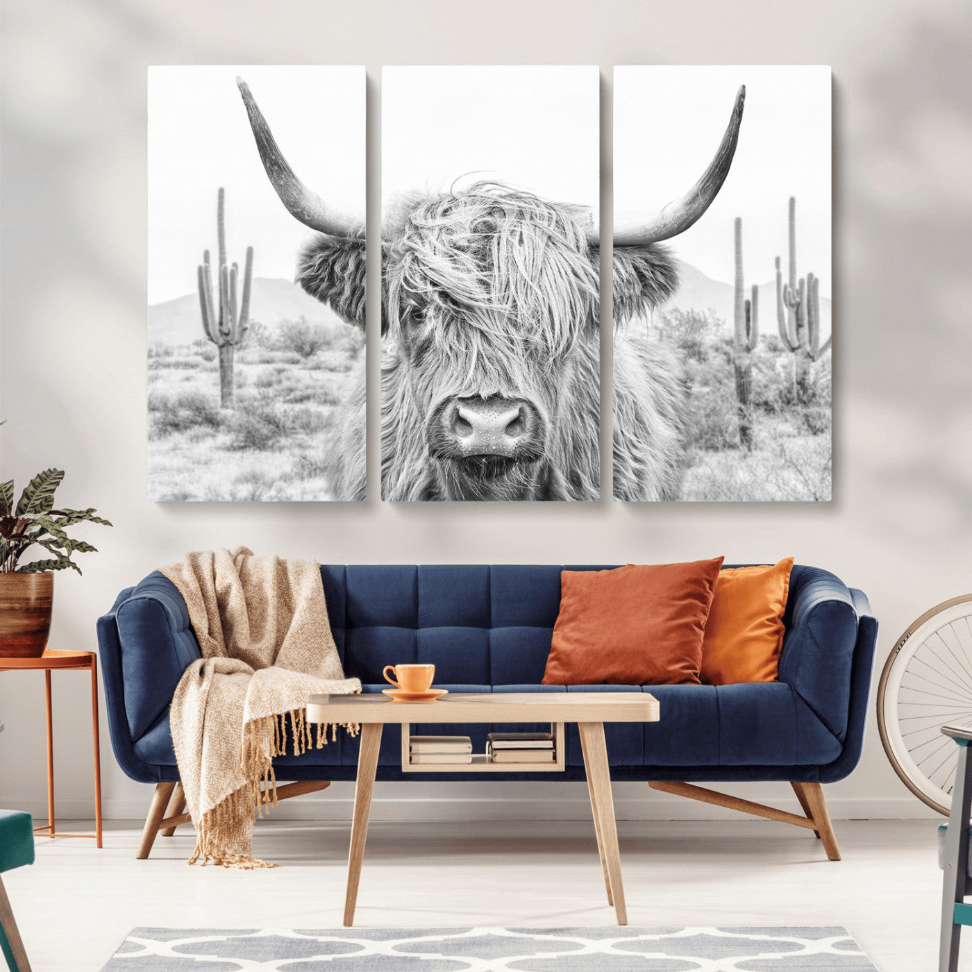 -Rustic Charm | Cow Longhorn Black White Bighorn Wall Art Canvas Print | Farmhouse Wall Art
