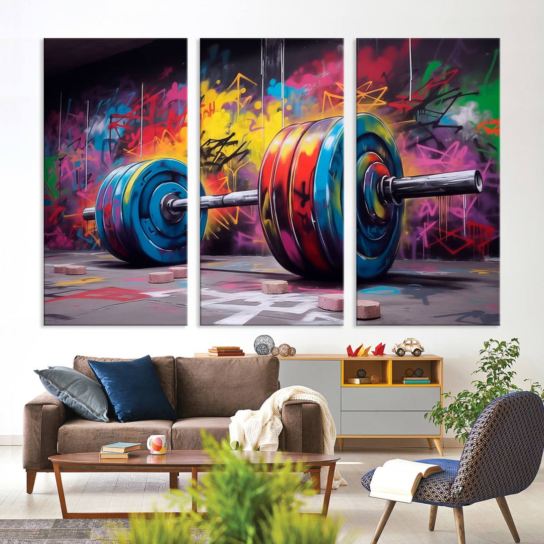 The Abstract Graffiti Barbell Canvas Wall Art is displayed on a porch.