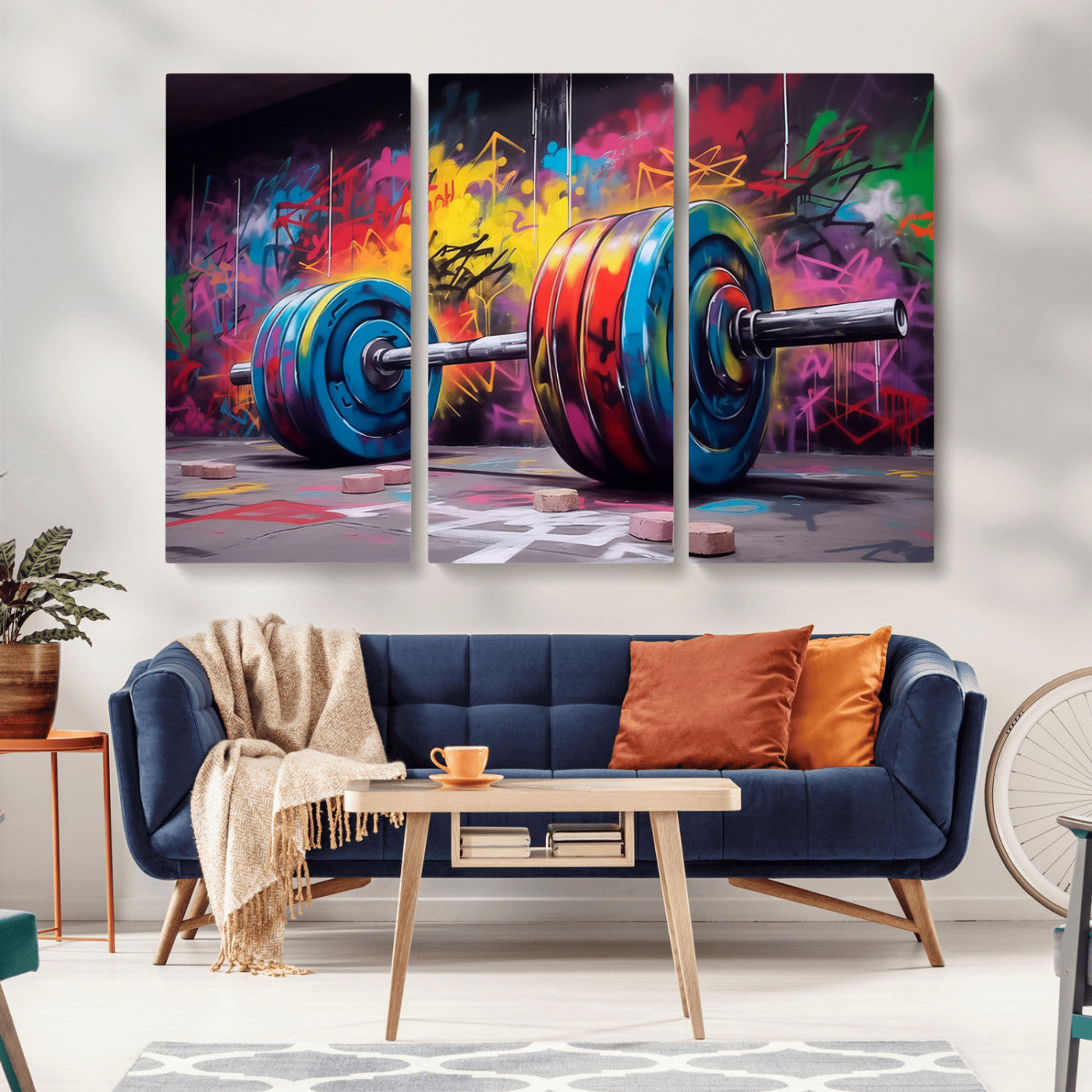 MGV-CV-48X32-3P - Abstract Graffiti Barbell Canvas Wall Art – Urban Fitness Meets Bold Street Art Print - Gym Wall Art Print