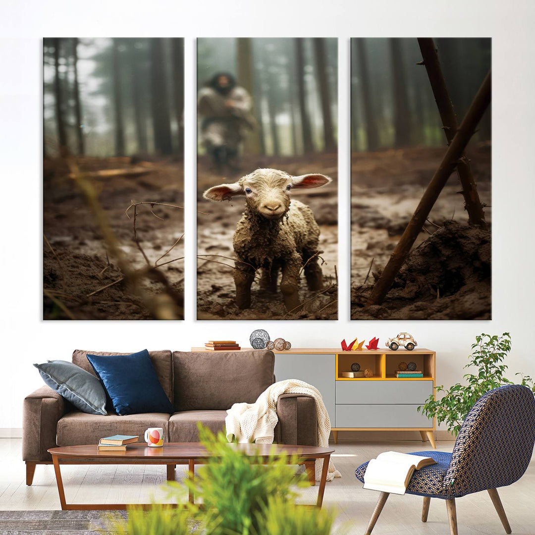 The Jesus Lost Lamb Canvas Wall Art features a heartwarming woodland scene, beautifully capturing the essence of serenity and grace.