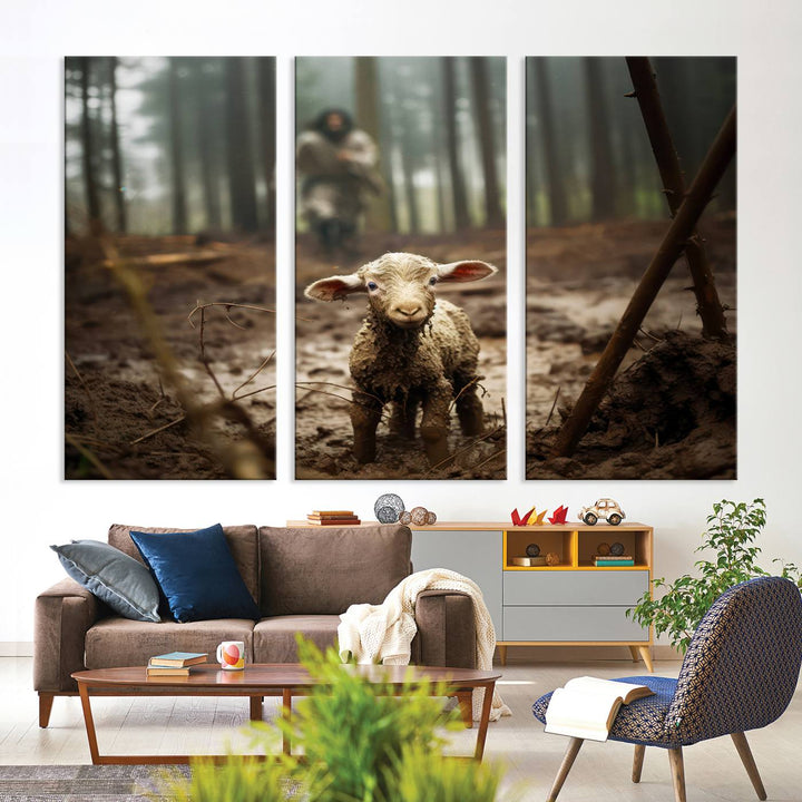 The Jesus Running After a Lost Lamb canvas wall art print depicts a lamb in a muddy forest.