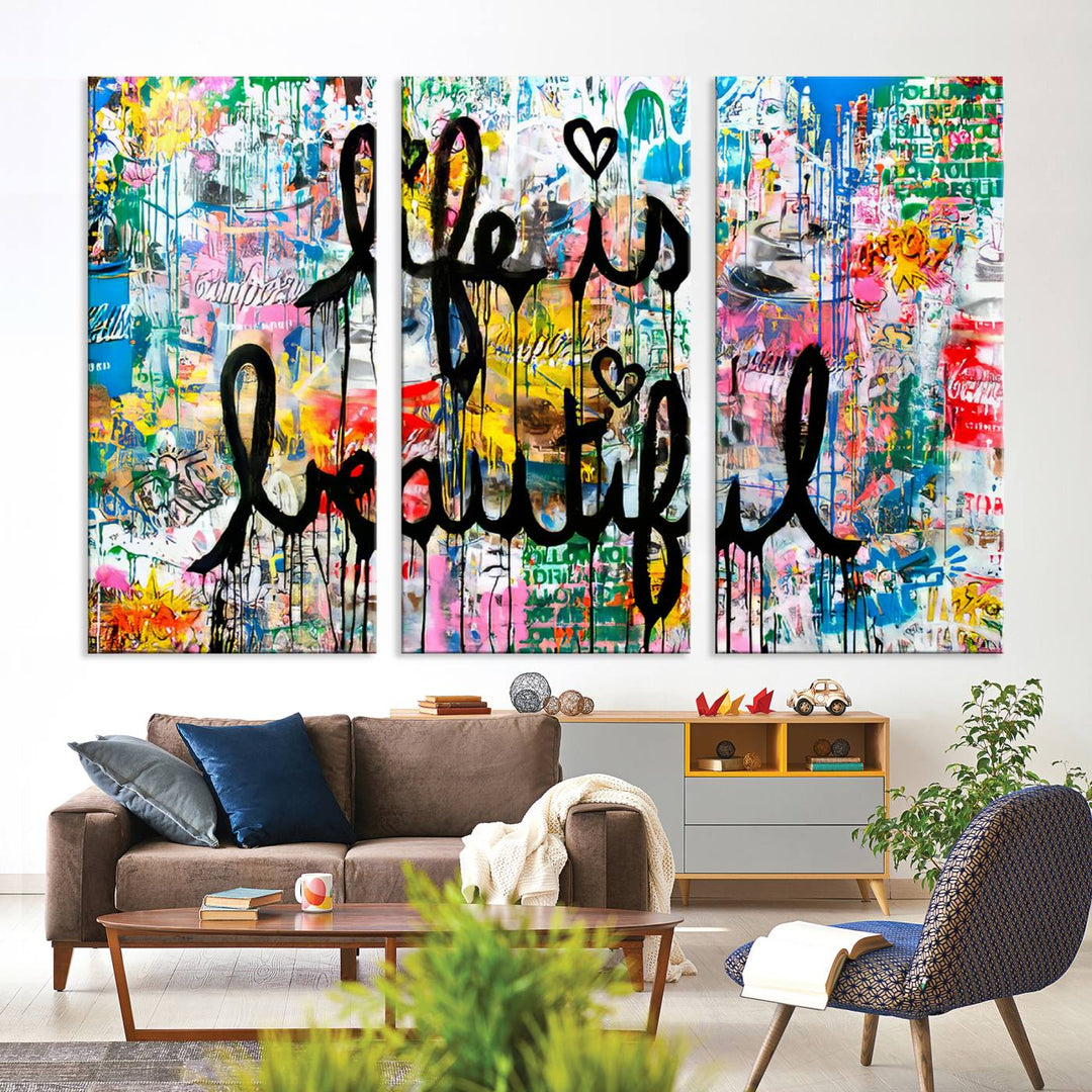 The Life Beautiful graffiti style canvas print is showcased in black script.