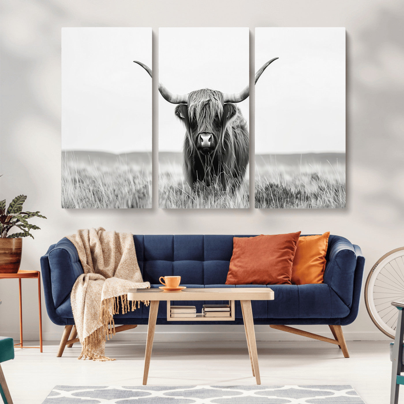 MGV-CV-48X32-3P - Highland Cow Canvas Wall Art – Majestic Beauty in Black and White – Ready to Hang