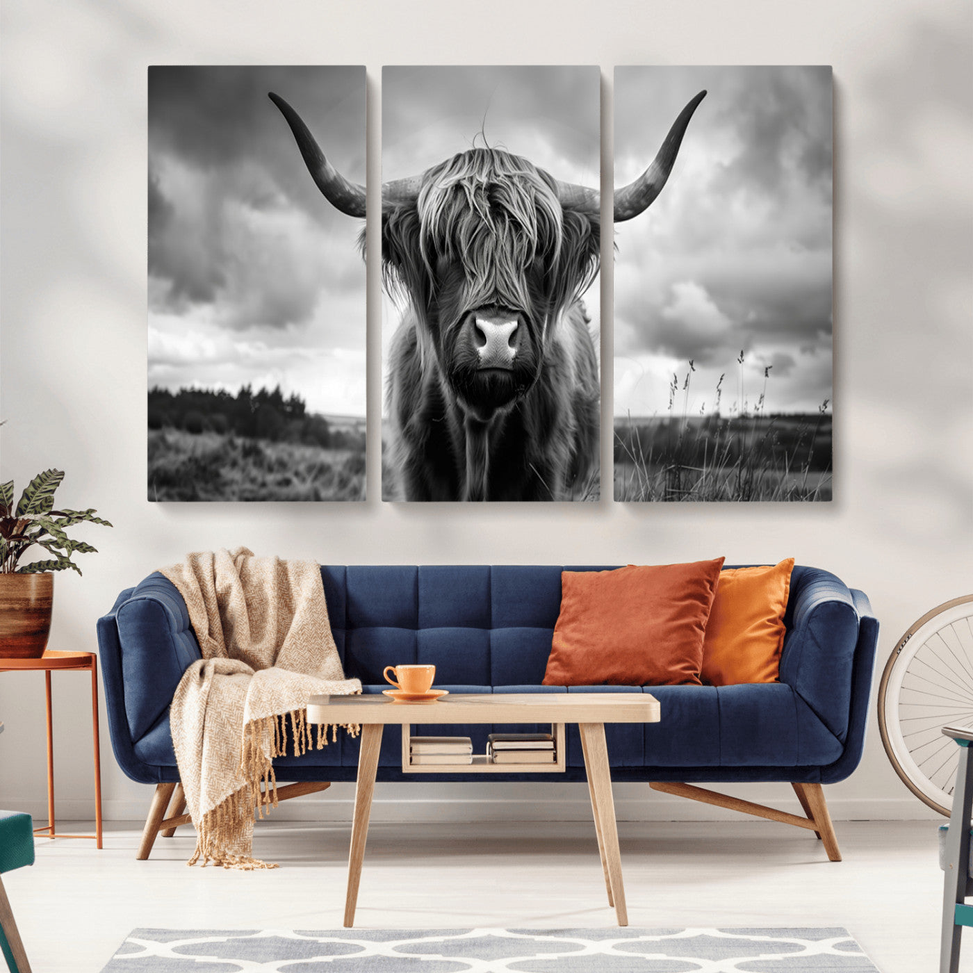 MGV-CV-48X32-3P - Scottish Cow Wall Art Canvas Print | Longhorn Wall Art | Bighorn Animal Wall Art