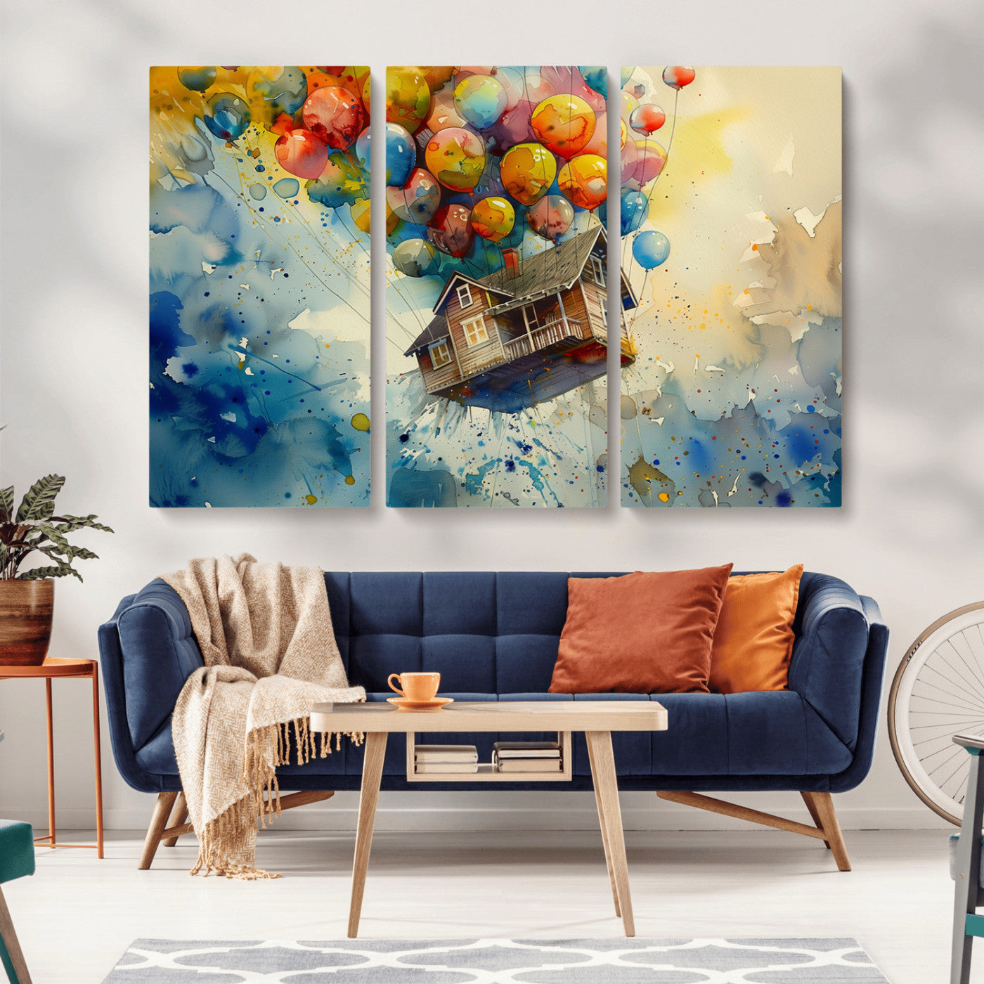 MGV-CV-48X32-3P - UP-Inspired Floating House with Balloons Canvas Art – Colorful 3-Panel Wall Decor for Living Room,