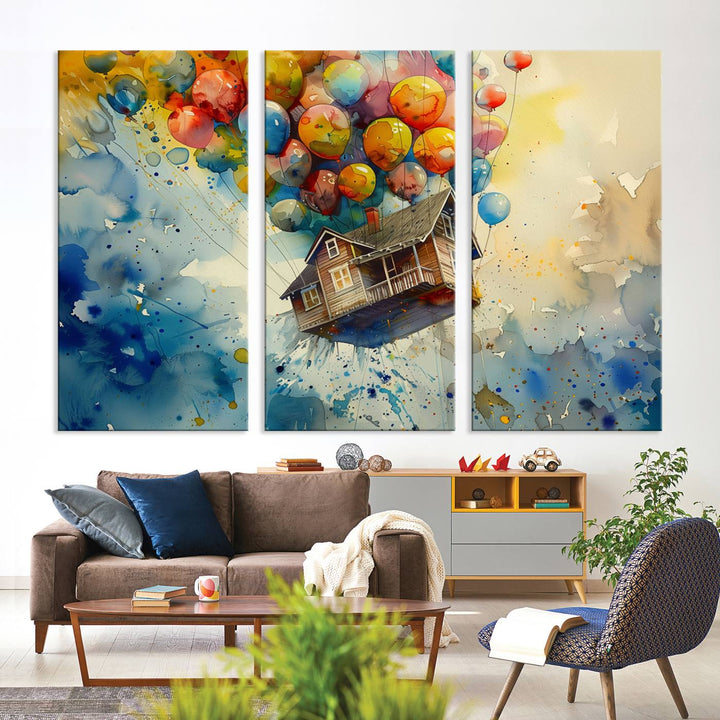 UP-Inspired Floating House with Balloons Triptych Canvas Art – Colorful 3-Panel Wall Decor for Living Room, Office, or Nursery