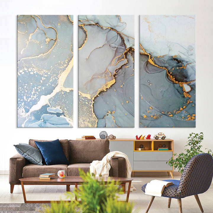 A blue and gold marbled Large Abstract Marble Wall Art Canvas Print hangs overhead.