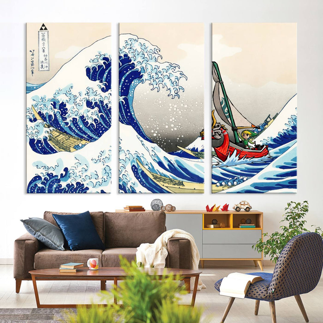 The Katsushika Hokusai Kanagawa Giant Wave Canvas print captures a vibrant sailing scene.