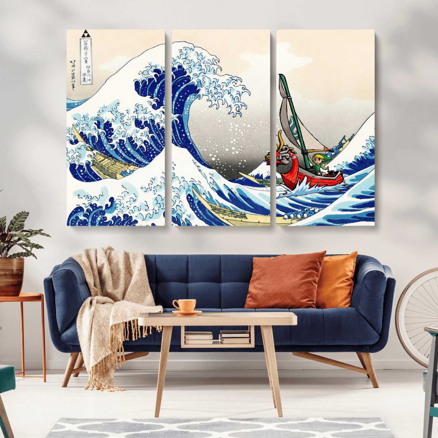 MGV-CV-48X32-3P - Katsushika Hokusai Kanagawa Giant Wave Wall Art Canvas Print | Iconic Japanese Art for Living Room