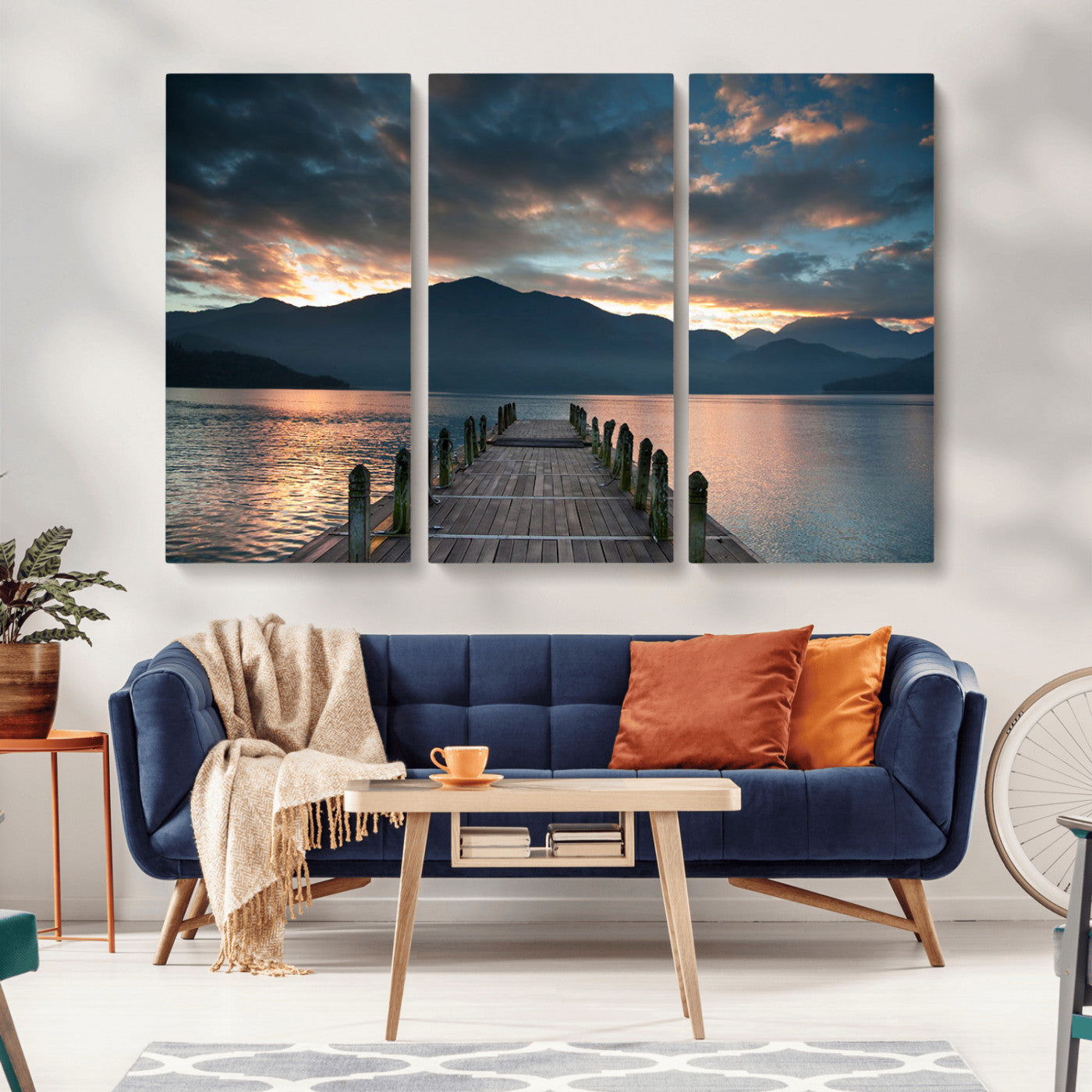 MGV-CV-48X32-3P - Mountain Lake Wood Pier Canvas Wall Art Nature Lake Print