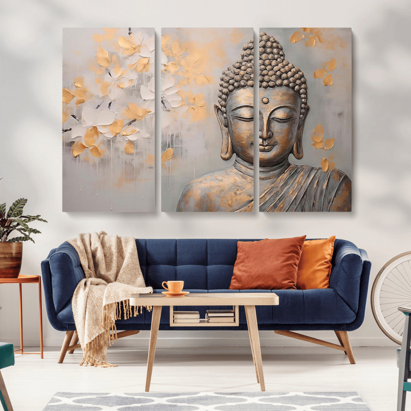 MGV-CV-48X32-3P - Abstract Buddha Statue Wall Art Canvas Print - Modern Meditation Decor for Living Room, Office, Yoga Studio Decor