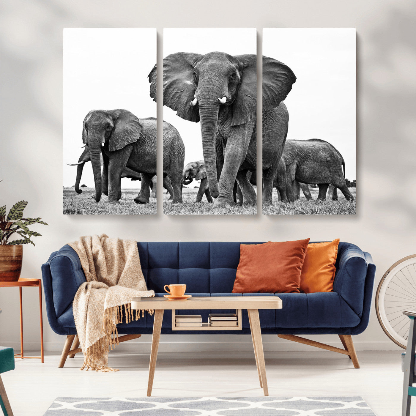 MGV-CV-48X32-3P - Black White Elephant Family Wall Art Canvas Print