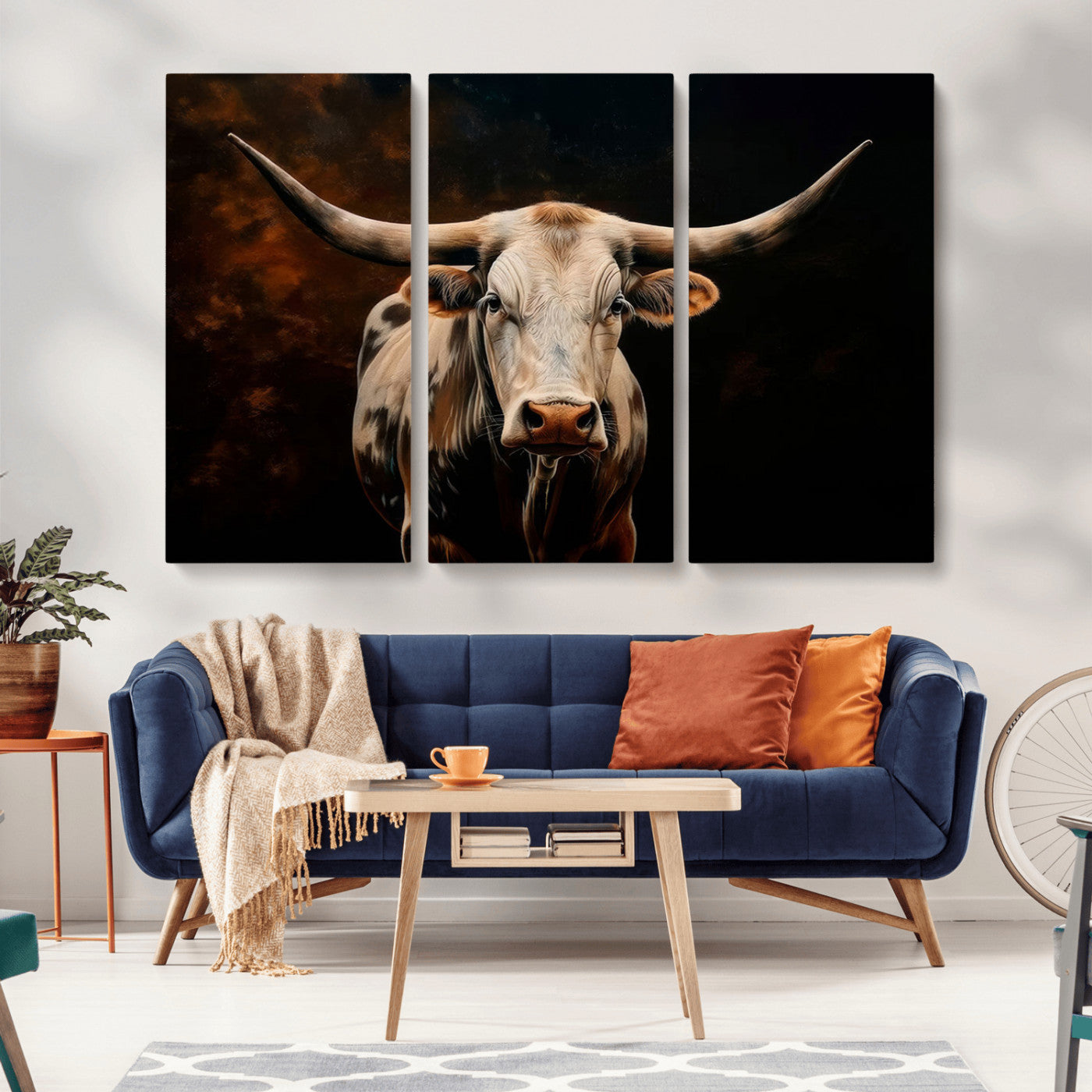 MGV-CV-48X32-3P - Texas Longhorn Wall Art | 3-Panel Large Texas Longhorn Canvas Print for Living Room, Office, or Farmhouse Decor | Framed Giclee Longhorn Wall Art