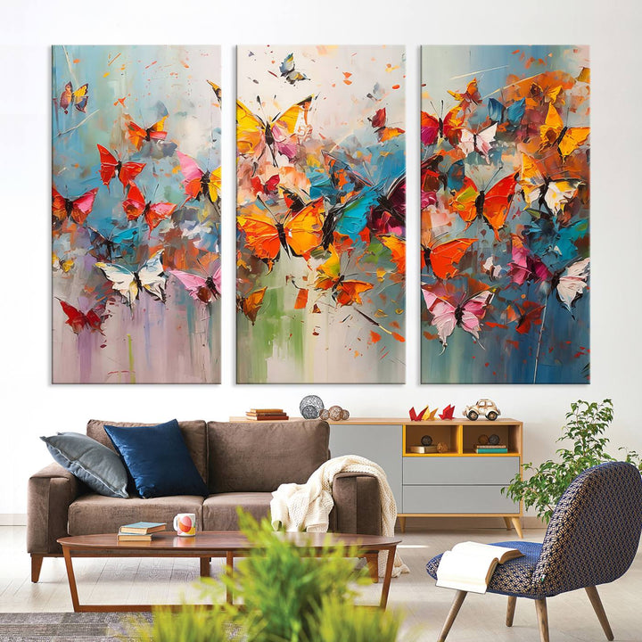 The Abstract Butterfly Wall Art Canvas Print hangs prominently, adding a touch of elegance and creativity to the room.