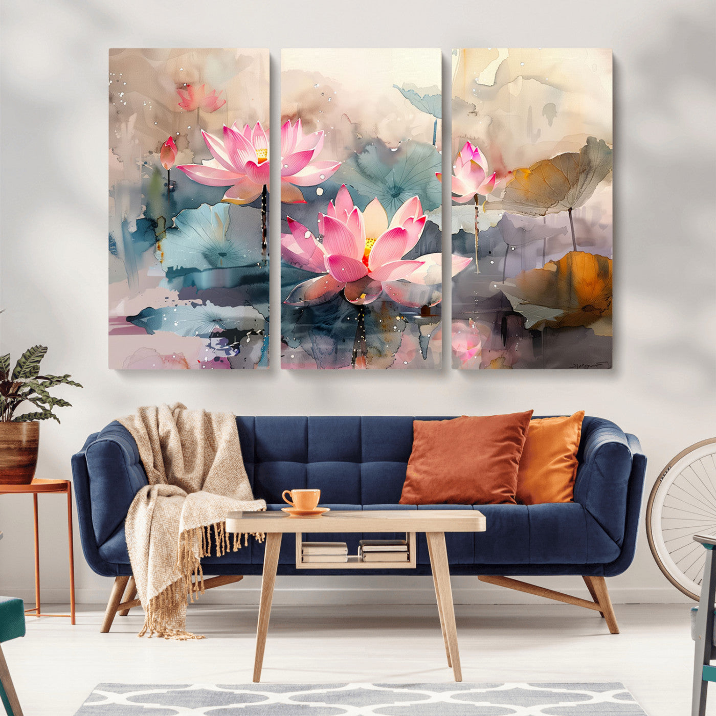 MGV-CV-48X32-3P - Lotus Flower Wall Art | 3-Panel Giclee Canvas Print of Pink Lotus Blossoms for Living Room, Bedroom, Office | Framed Lotus Floral Wall Art Decor Print