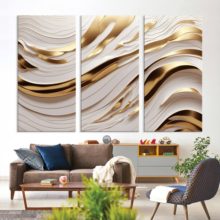 A Gold and White Abstract Wave Canvas with luxurious golden accents.