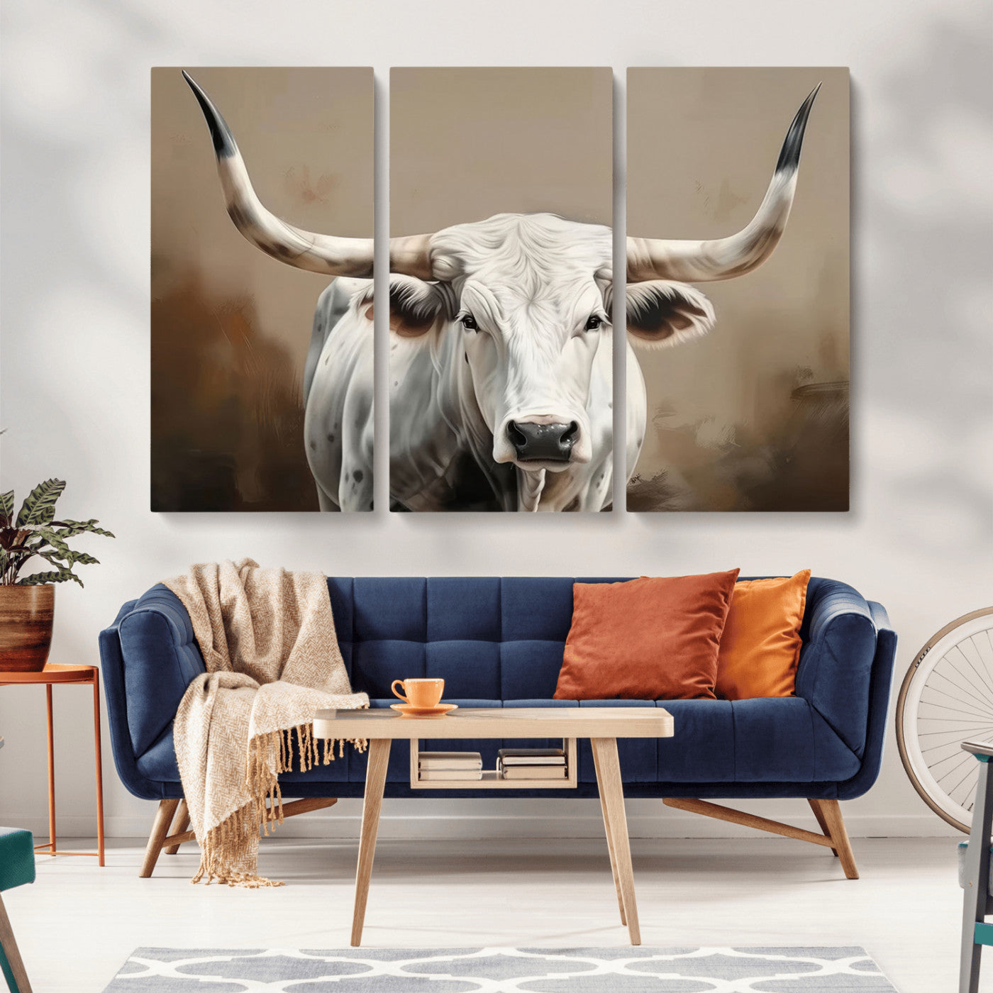 -White Longhorn Bull Wall Art Canvas Print – Framed and Ready to Hang – Perfect for Farmhouse and