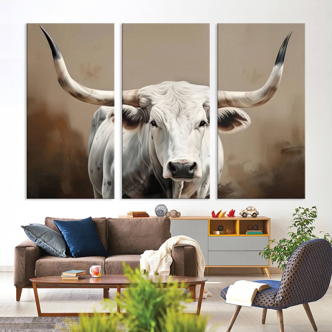 The kitchen features a striking canvas print of a Longhorn Bull.