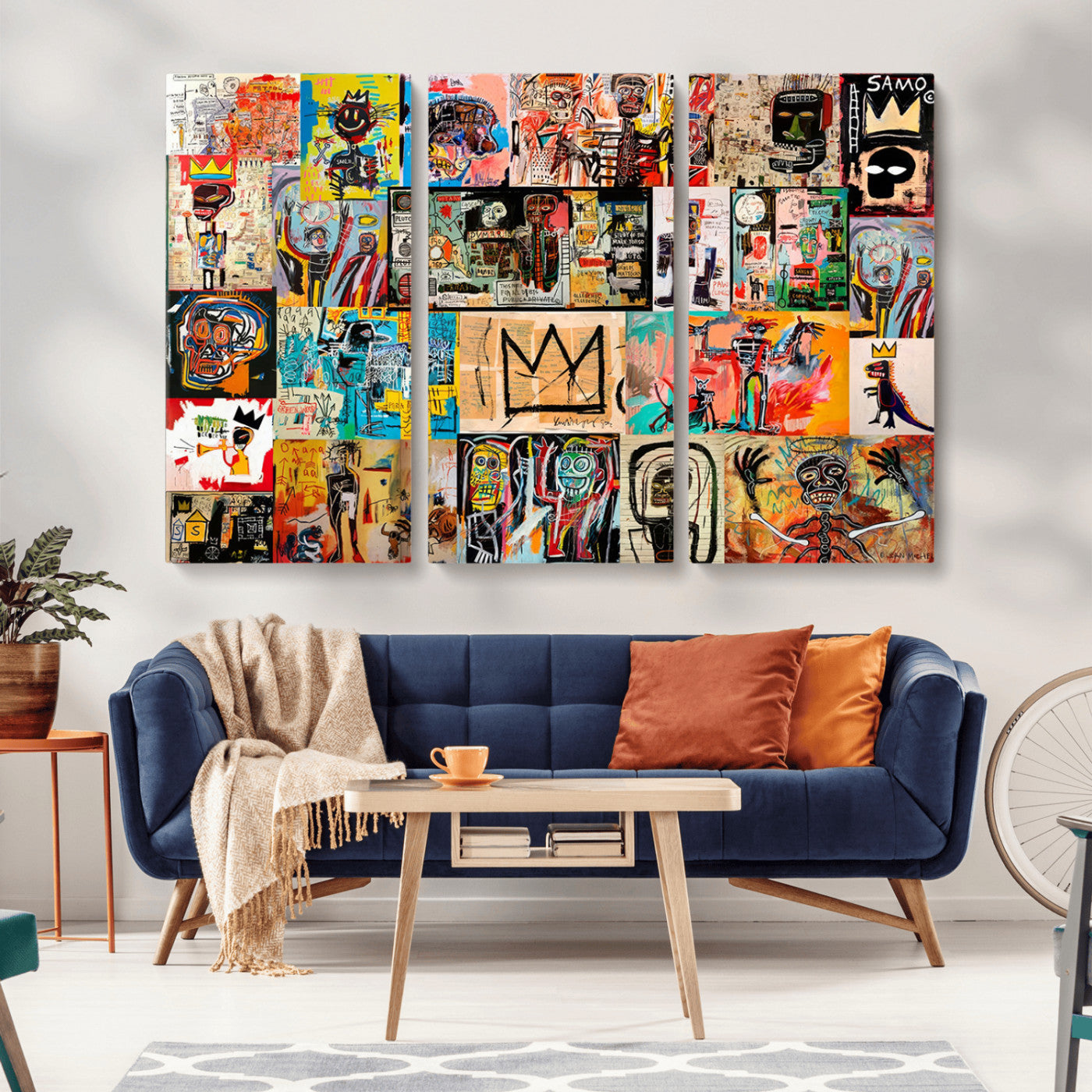 MGV-CV-48X32-3P - Basquiat Art Collage Wall Art Canvas Print – Framed, Ready to Hang, Urban Graffiti Style