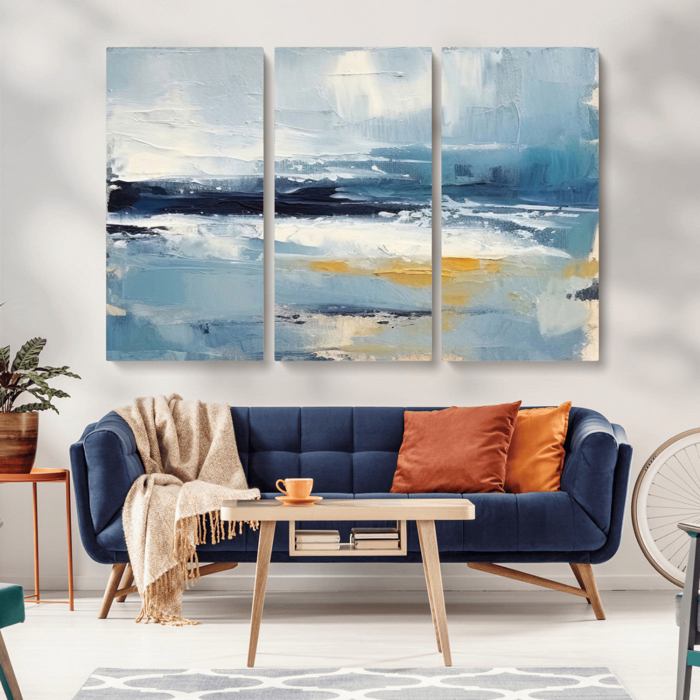 MGV-CV-48X32-3P - Abstract Ocean Canvas Wall Art - Coastal Blue and Gold Textured Painting, Modern Seascape Decor for Living Room Decor