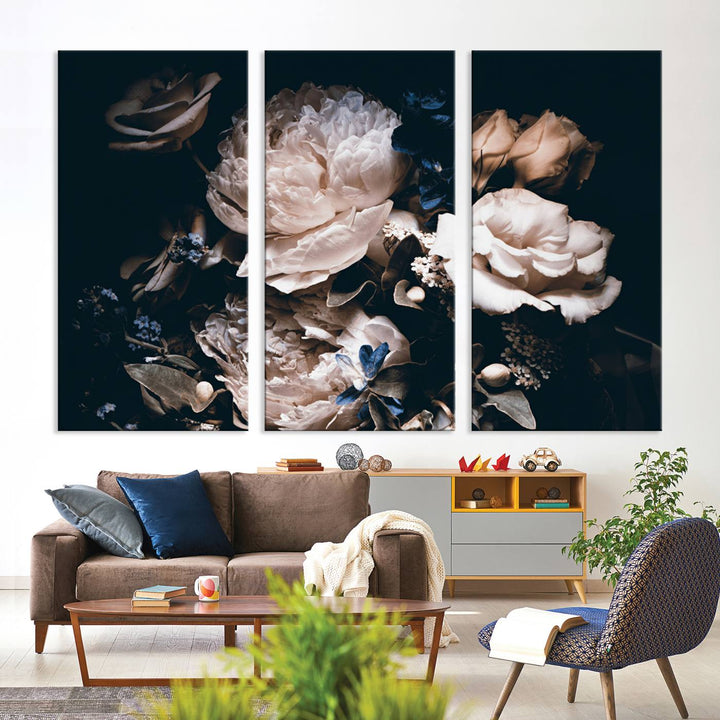 A large canvas art print of pink peonies flowers adds a vibrant touch to the space.