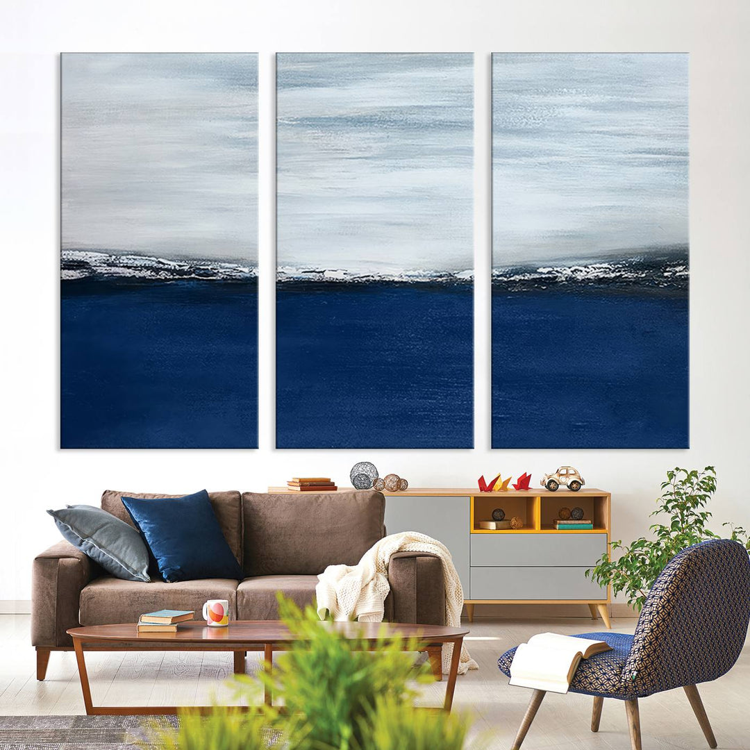 A Navy Blue Abstract Wall Art Canvas Print is displayed above the backsplash.