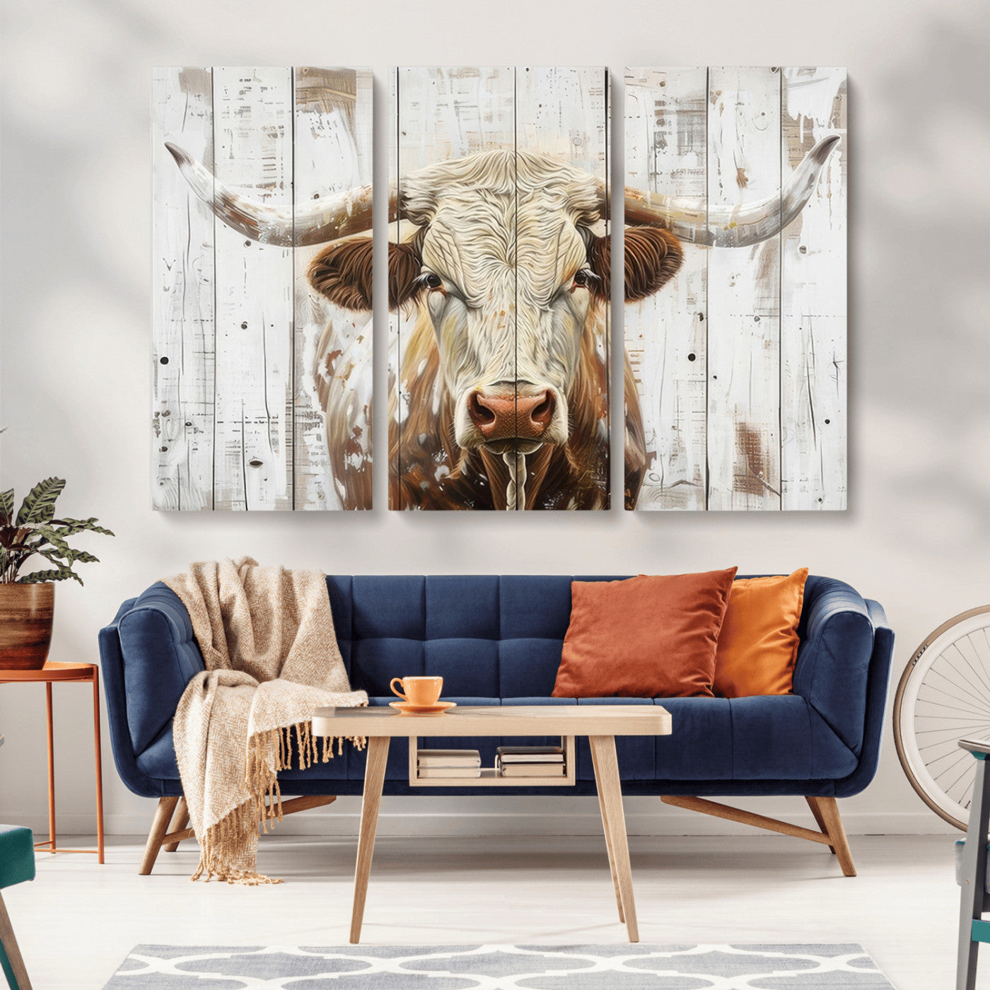 -Rustic Longhorn Bull Wall Art Canvas Set – Western-Inspired Farmhouse Décor - Ready to Hang