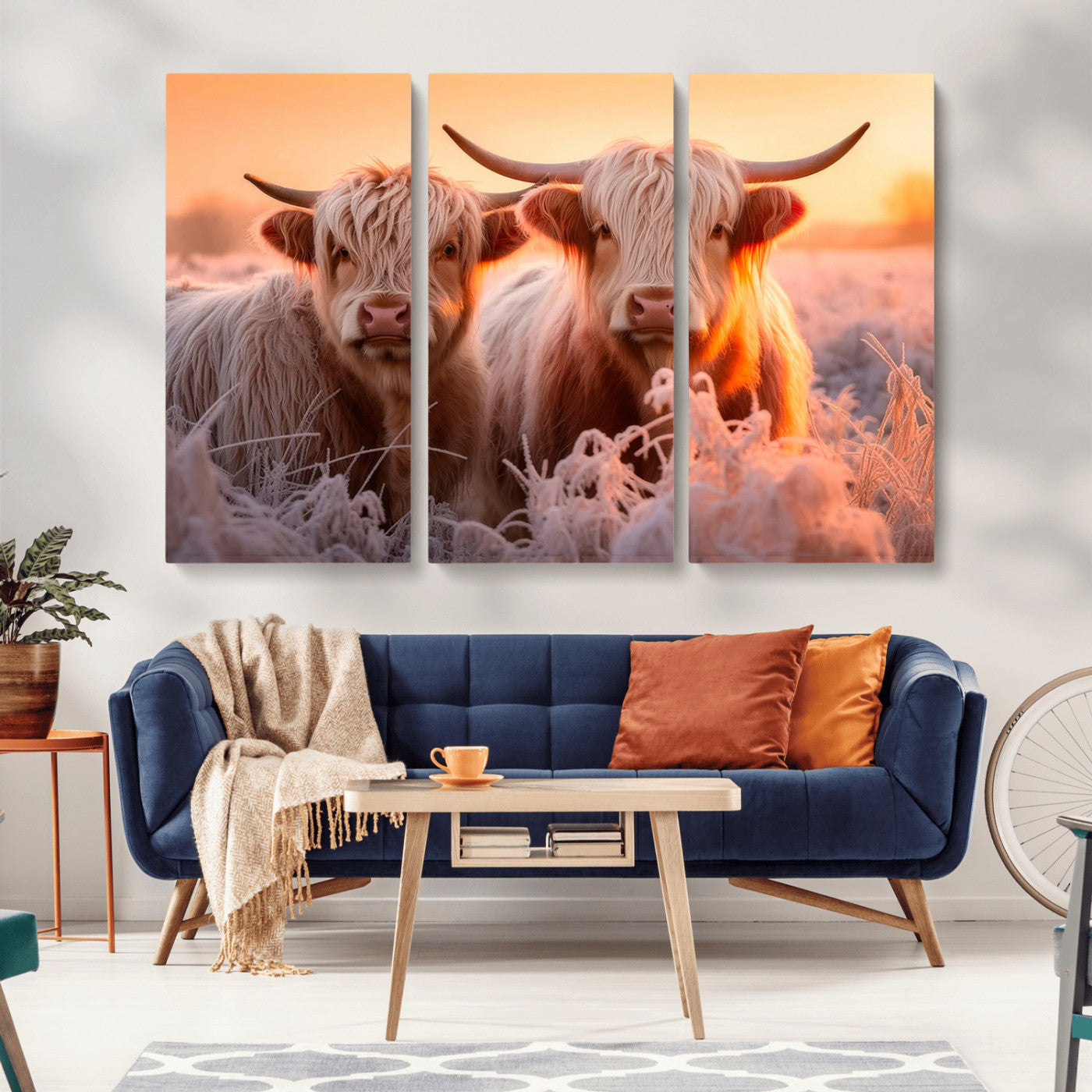 -Highland Cows at Sunrise Wall Art Canvas Set – Serene and Rustic Farmhouse Decor