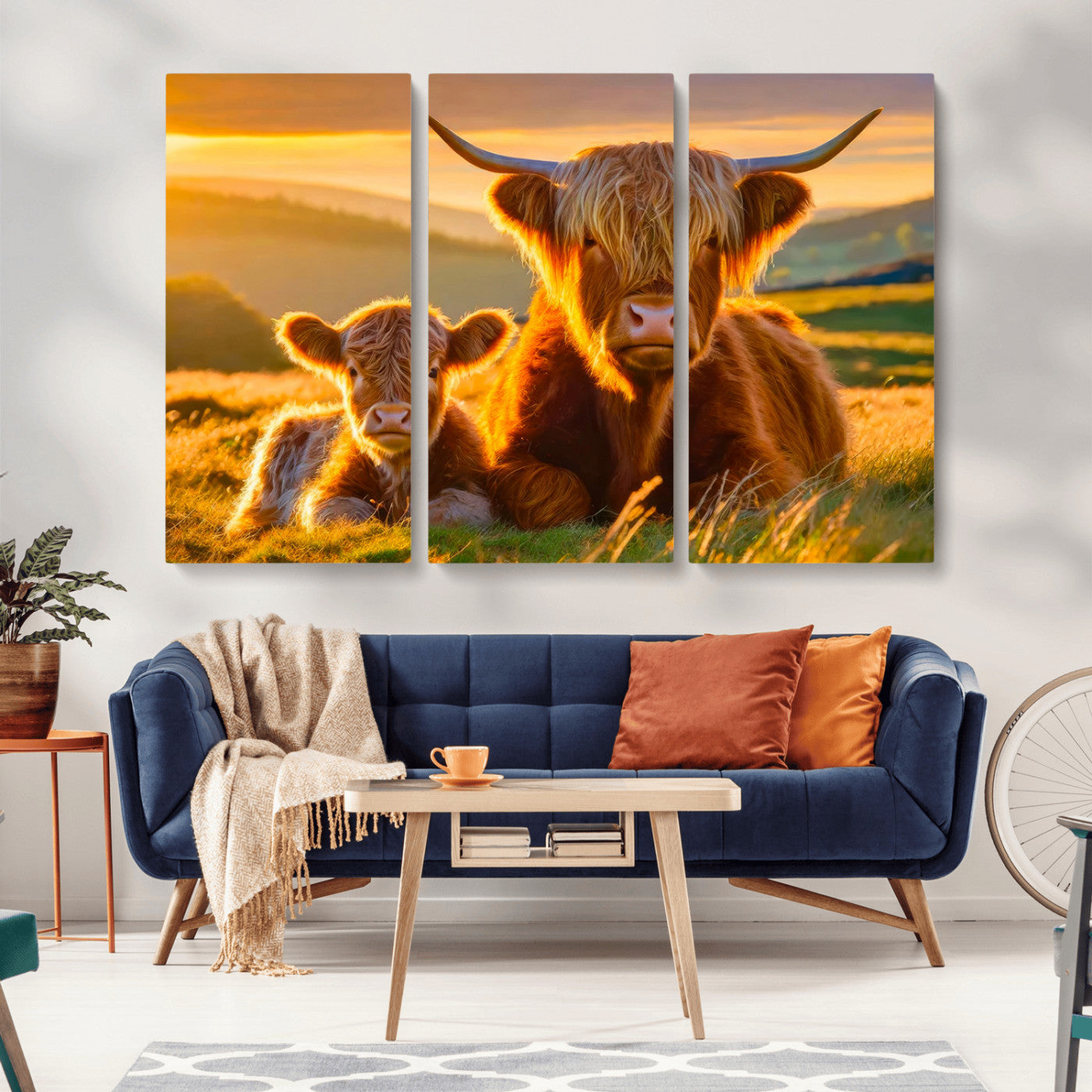 -Scottish Cow and Baby Cow Canvas Wall Art Animal Print Fluffy Cattle Framed Farmhouse Decor