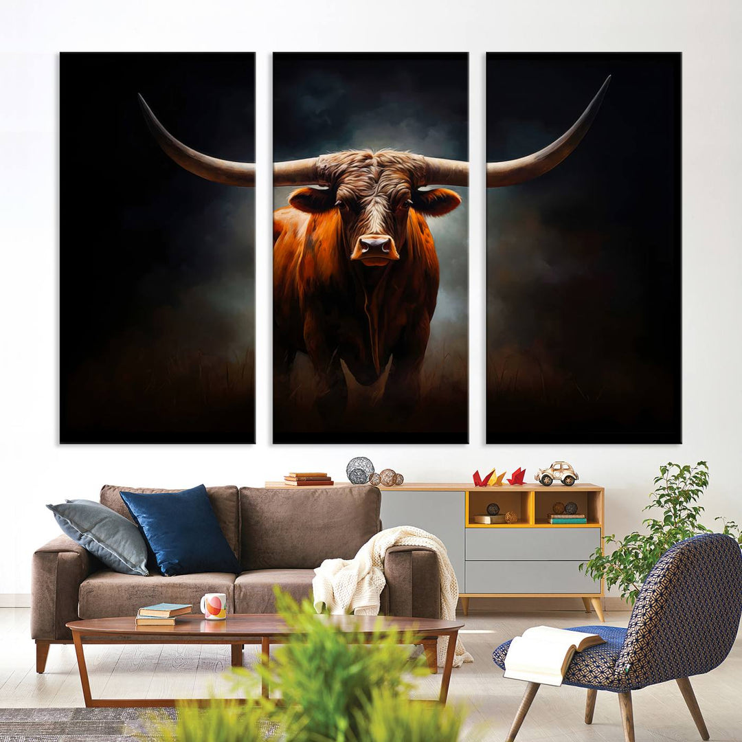 The Abstract Texas Longhorn Wall Art Print, a 3-panel large canvas featuring a framed longhorn design, embodies the essence of Western decor, making it an ideal choice for your living room or office.