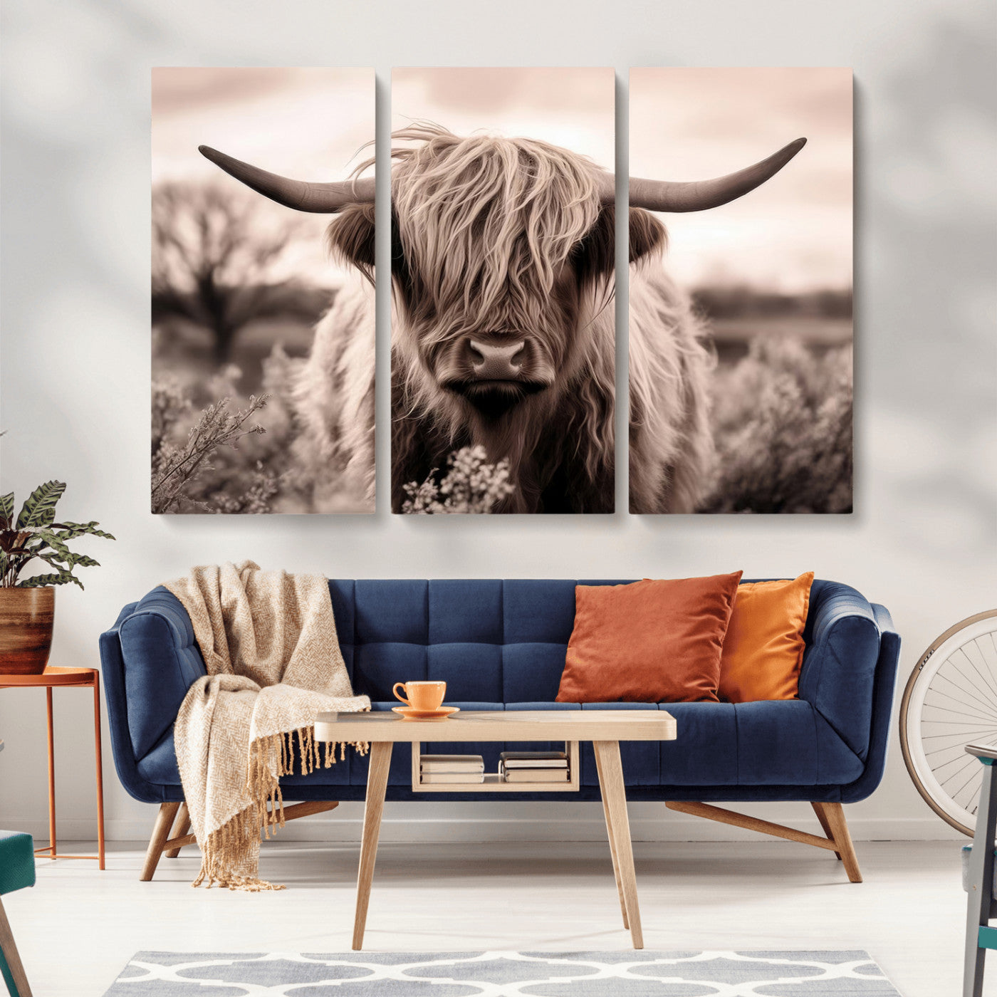 MGV-CV-48X32-3P - Scottish Cow Longhorn Wall Art Canvas Print
