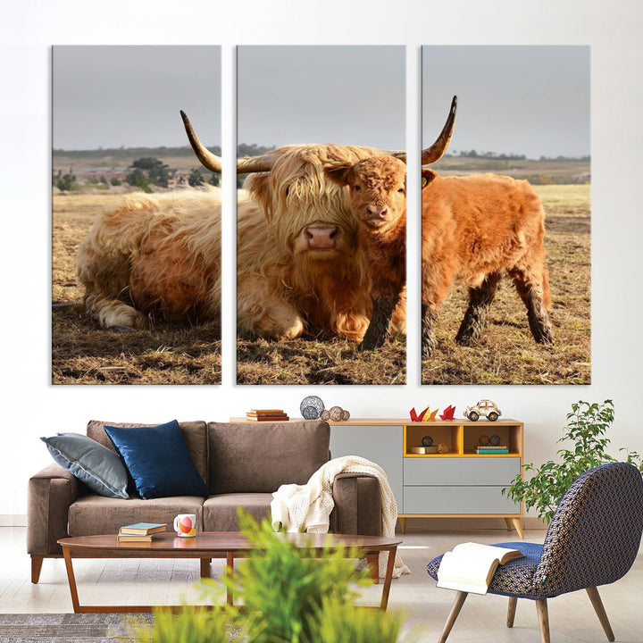 Highland Cow Canvas: a light brown cow and calf in the field, ideal farmhouse decor.