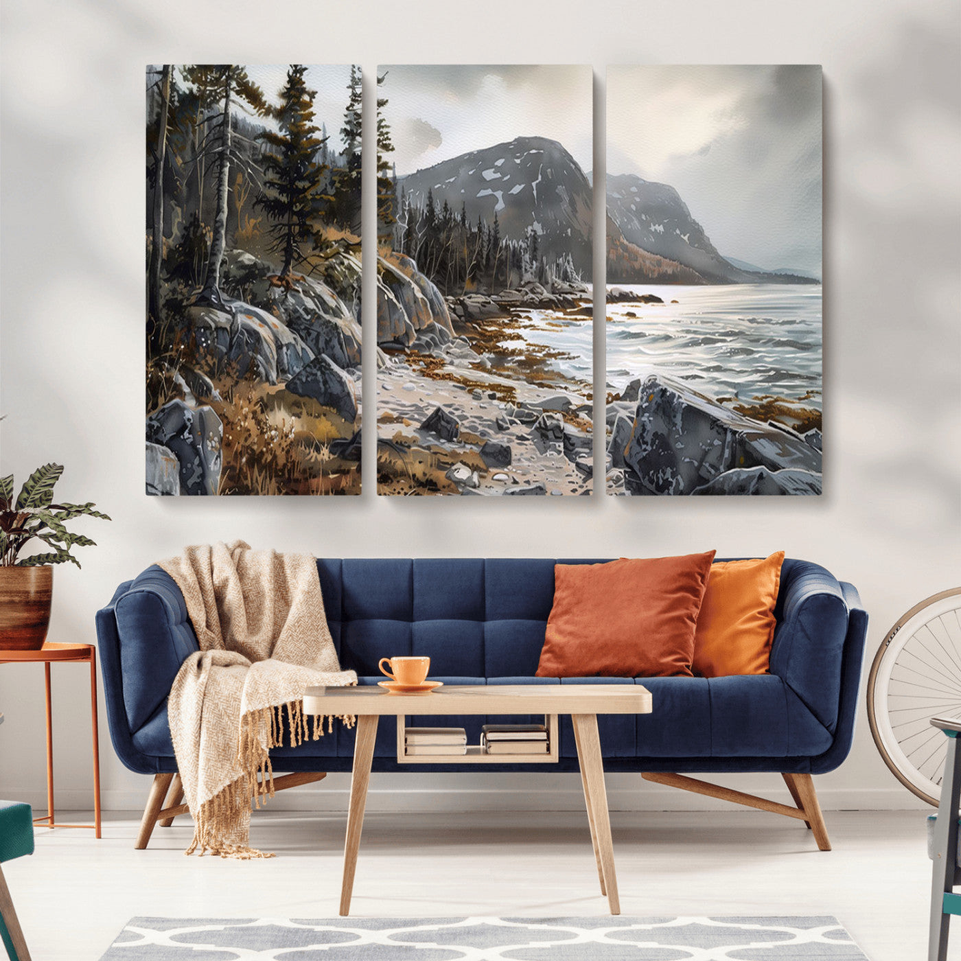 -Serene Coastal View of Acadia National Park - Stunning 3-Panel Wall Art Canvas Print, Framed, Ready