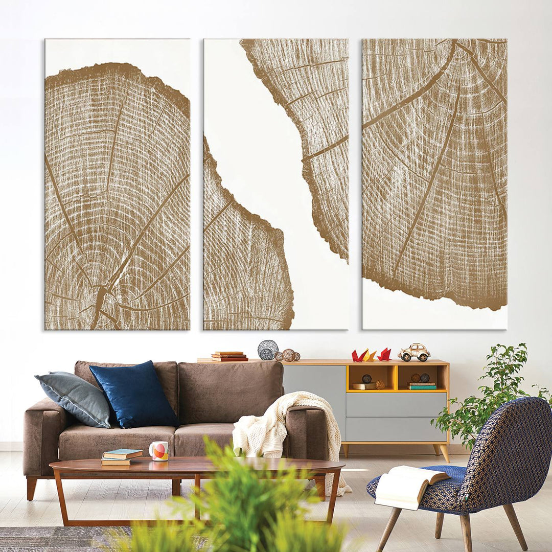 The rustic wall art features two large tree rings, beautifully framed and displayed to create a nature-inspired décor.