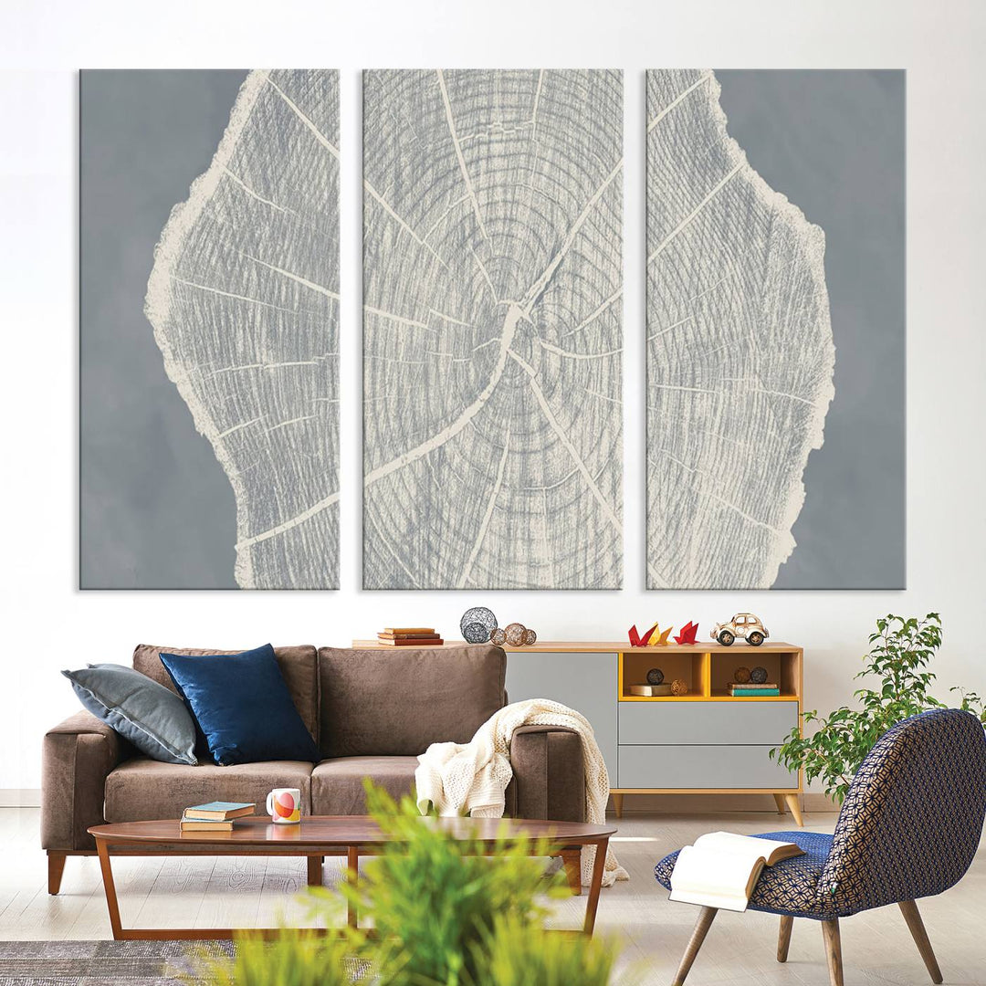 A gray wall displays the Abstract Tree Ring Wall Art print.